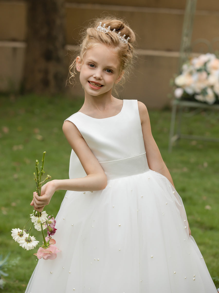 Crew Neck Tulle Flower Girl Dresses with Pearls &amp; Satin Bowknot