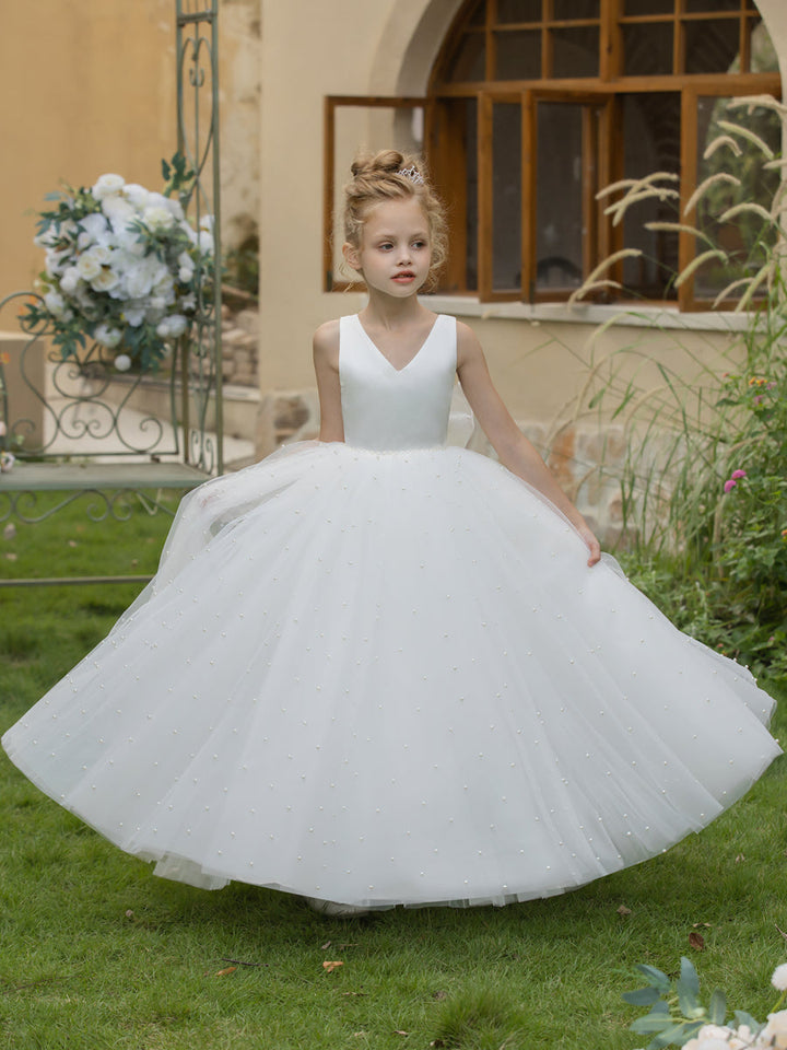 V-Neck Tulle Flower Girl Dresses with Pearls &amp; Satin Bowknot