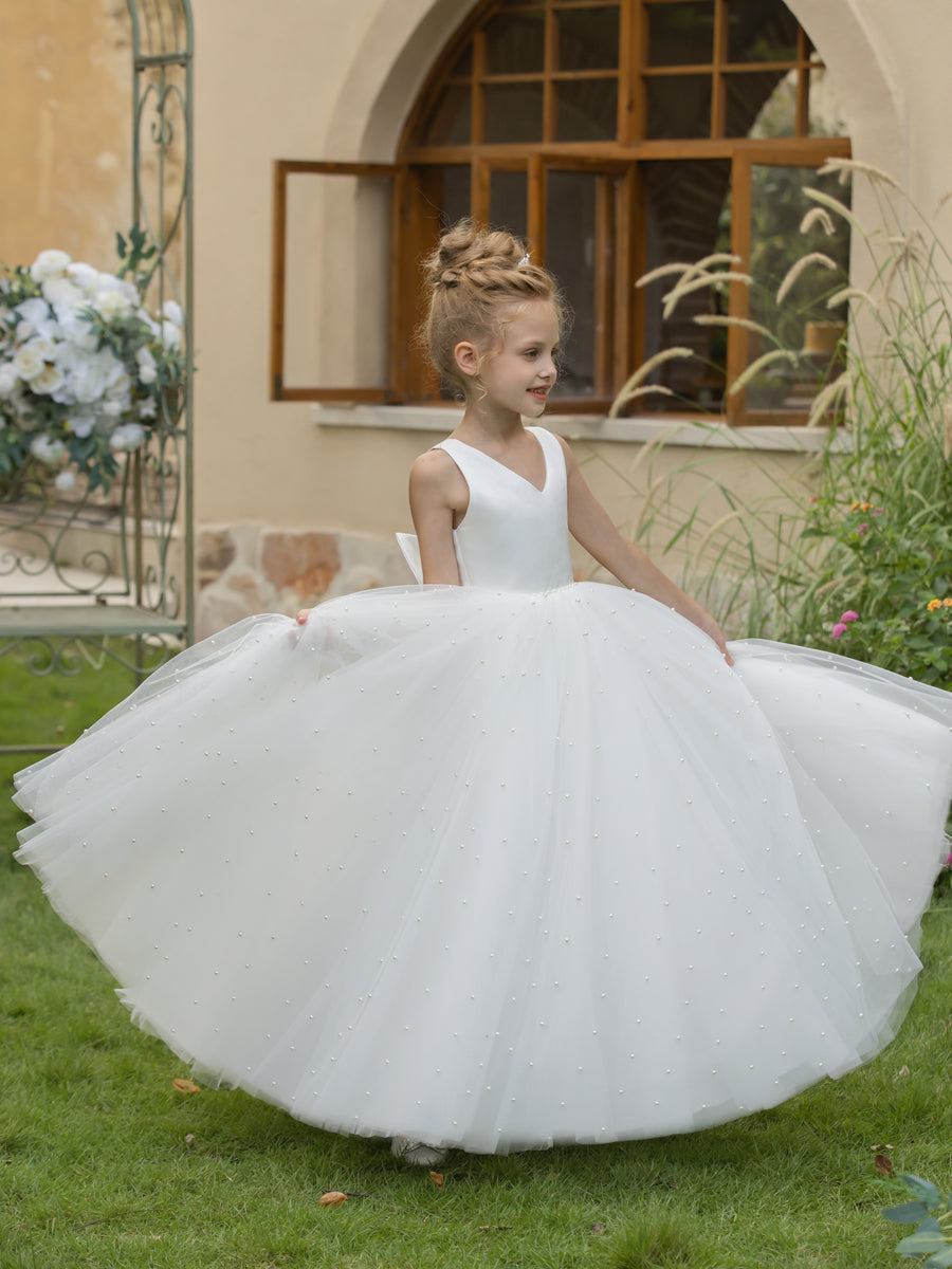 V-Neck Tulle Flower Girl Dresses with Pearls &amp; Satin Bowknot