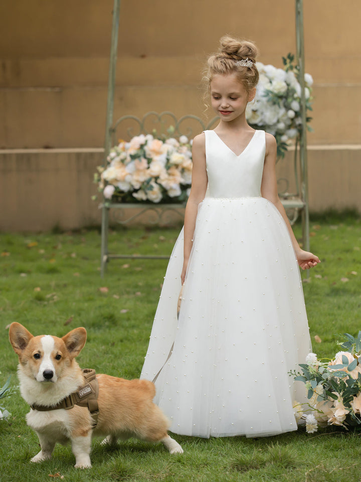 V-Neck Tulle Flower Girl Dresses with Pearls &amp; Satin Bowknot