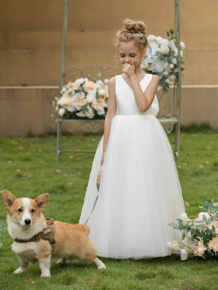 V-Neck Tulle Flower Girl Dresses with Pearls &amp; Satin Bowknot