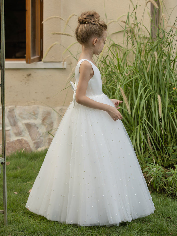 V-Neck Tulle Flower Girl Dresses with Pearls &amp; Satin Bowknot