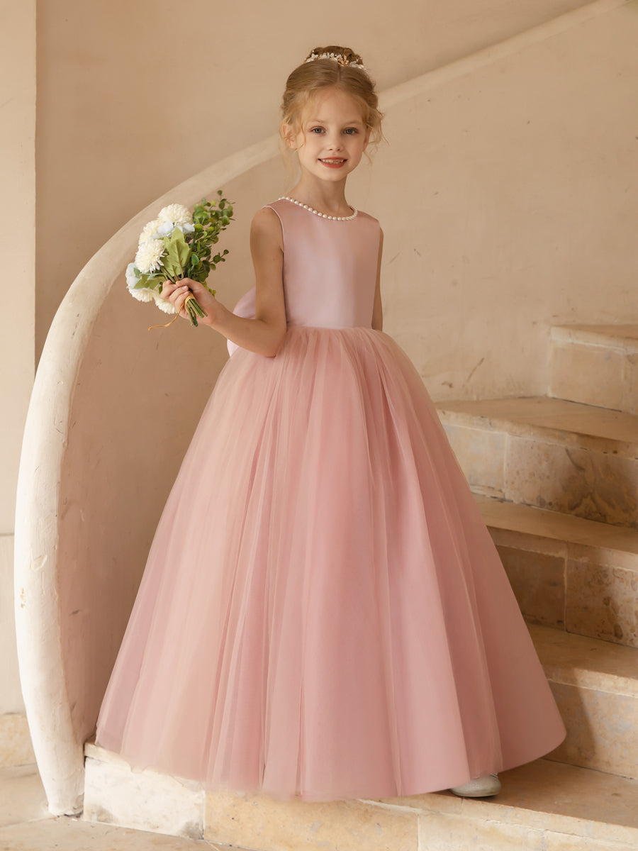 Crew Neck Tulle Flower Girl Dresses with Pearls & Satin Bowknot