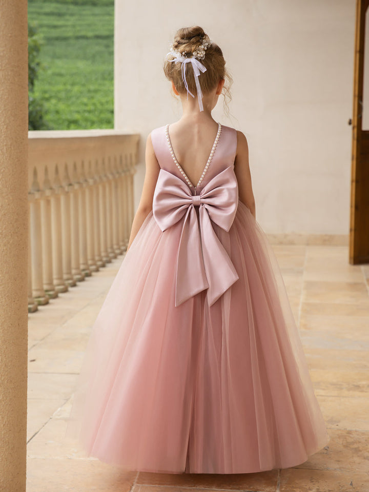 Crew Neck Tulle Flower Girl Dresses with Pearls &amp; Satin Bowknot