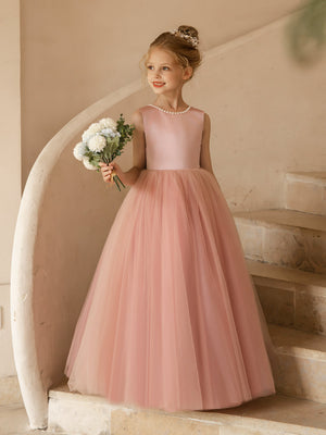 Crew Neck Tulle Flower Girl Dresses with Pearls & Satin Bowknot