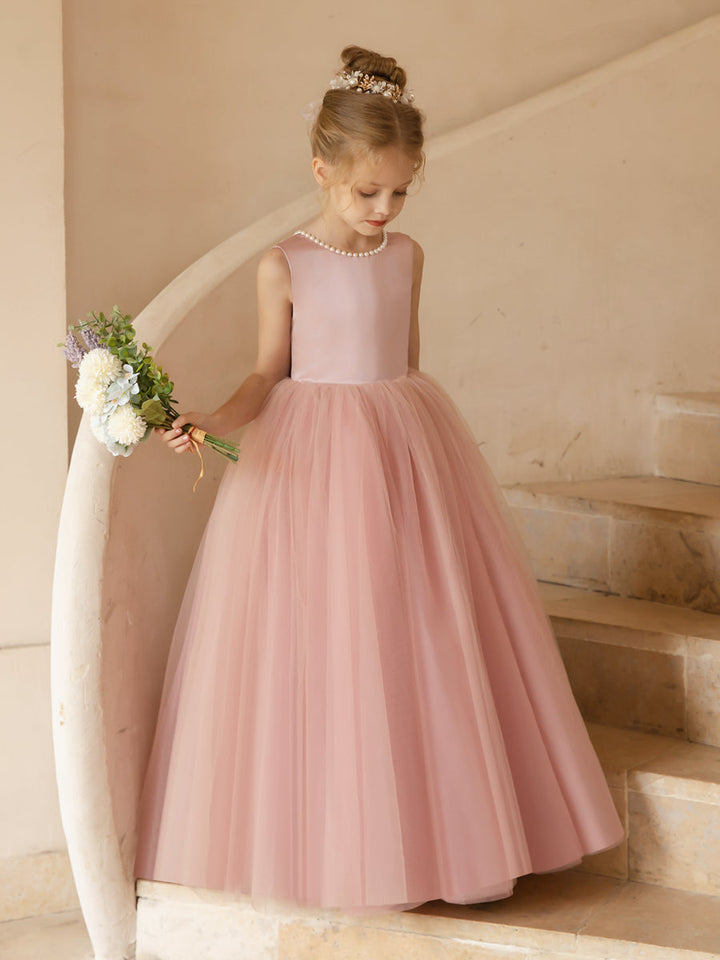 Crew Neck Tulle Flower Girl Dresses with Pearls &amp; Satin Bowknot