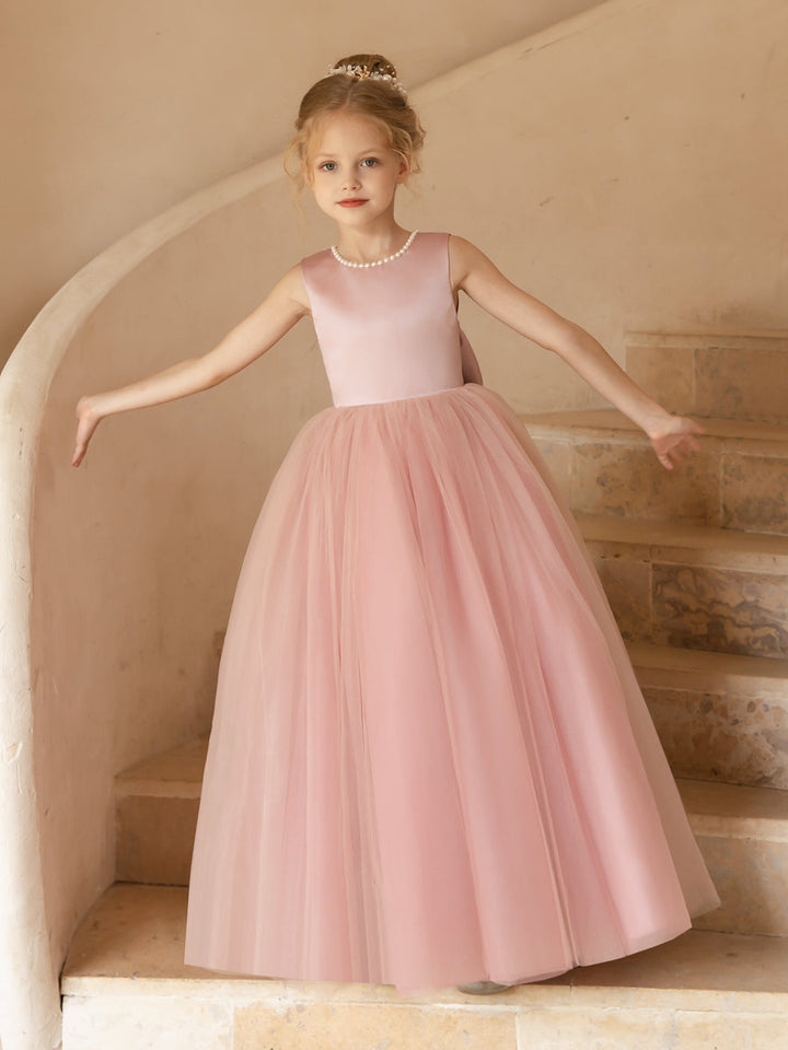 Crew Neck Tulle Flower Girl Dresses with Pearls &amp; Satin Bowknot