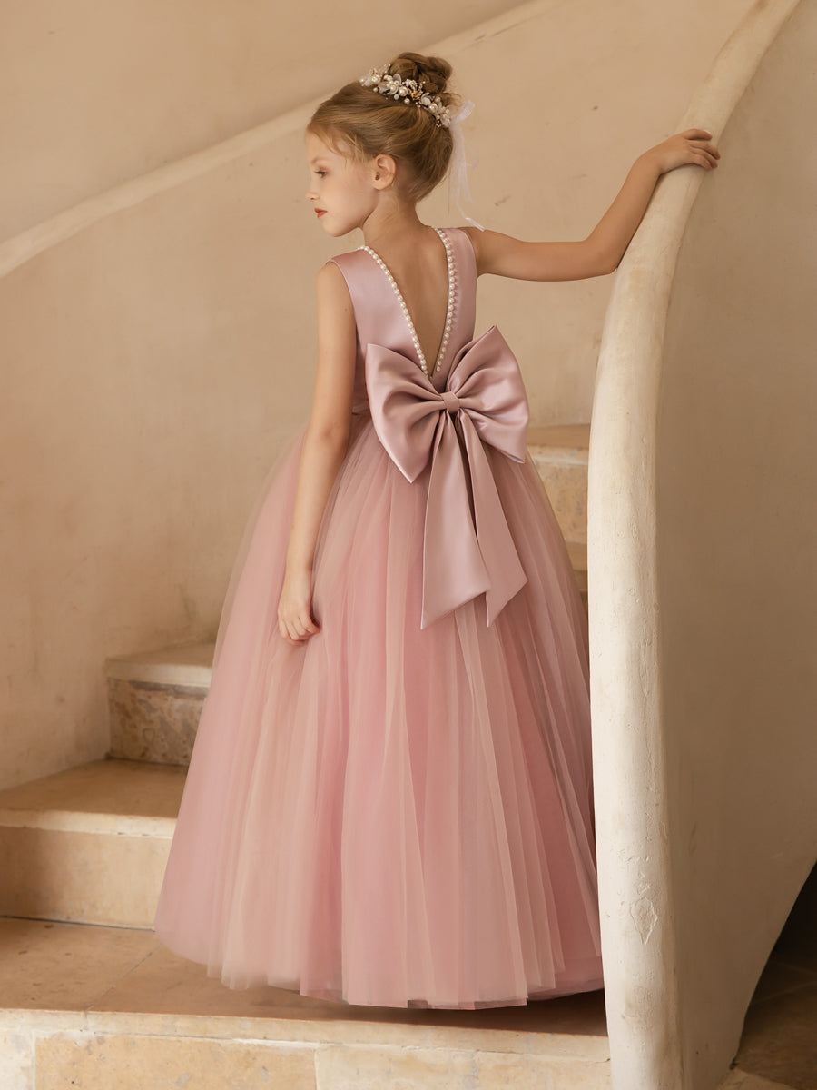 Crew Neck Tulle Flower Girl Dresses with Pearls &amp; Satin Bowknot