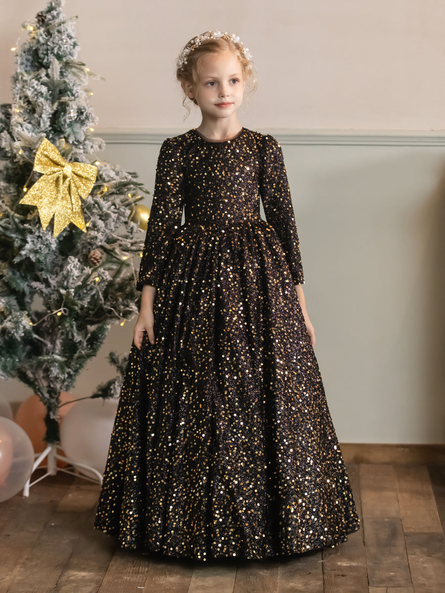 Crew Neck Velvet Sequins Long Sleeves Flower Girl Dresses