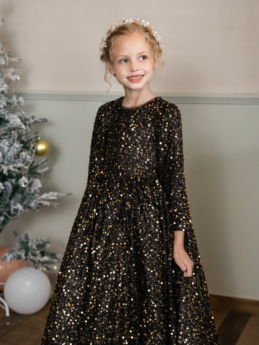 Crew Neck Velvet Sequins Long Sleeves Flower Girl Dresses