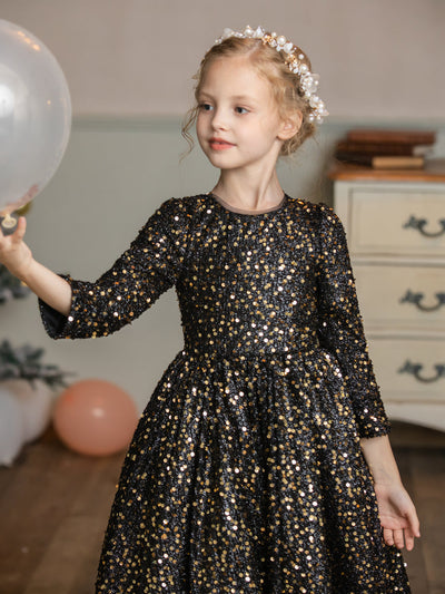 Crew Neck Velvet Sequins Long Sleeves Flower Girl Dresses