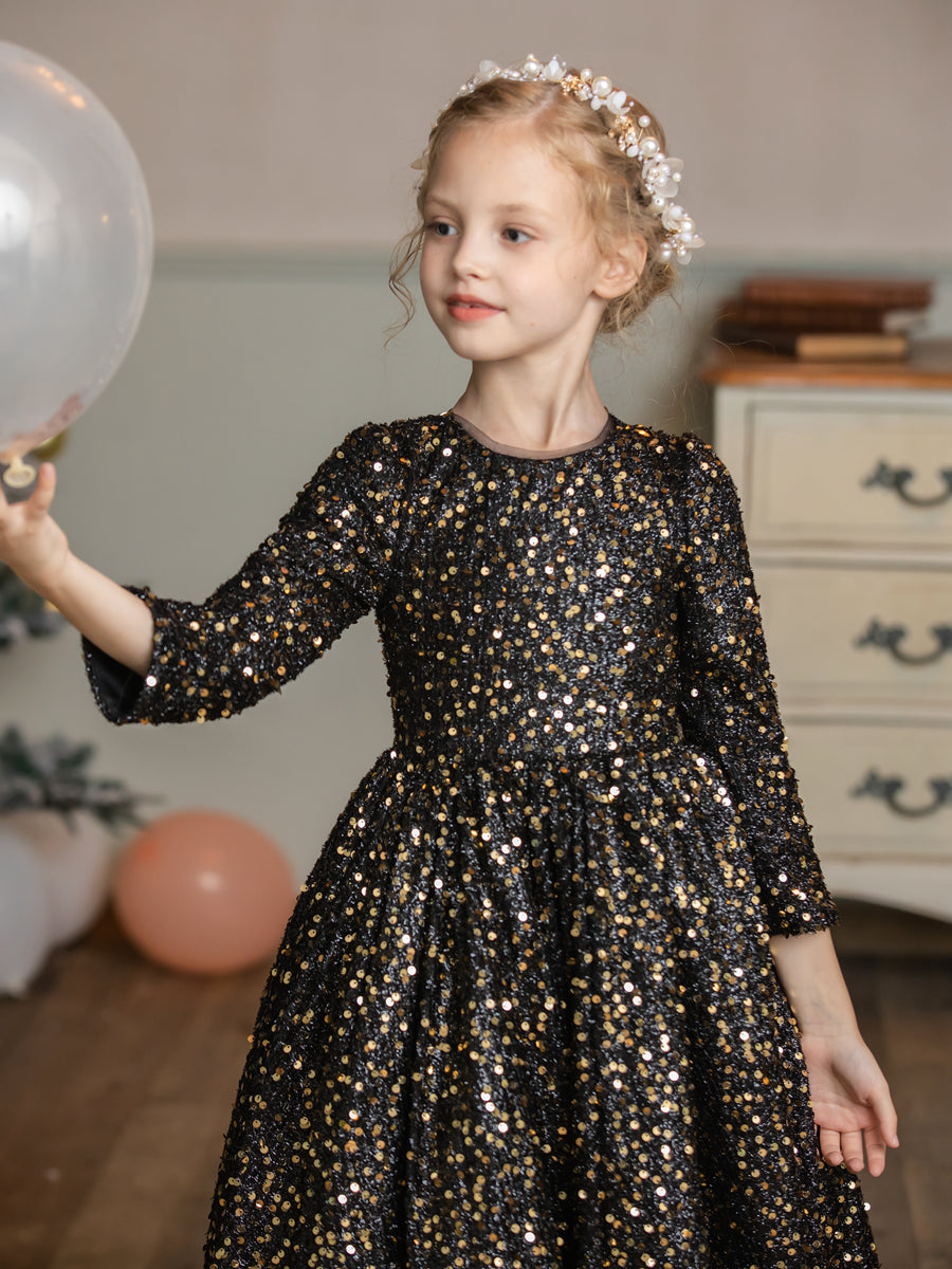 Crew Neck Velvet Sequins Long Sleeves Flower Girl Dresses