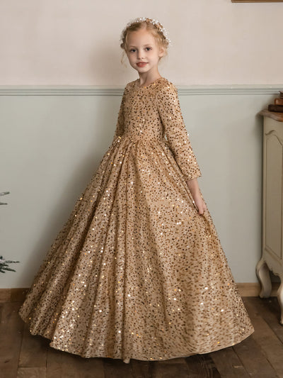 Crew Neck Velvet Sequins Long Sleeves Flower Girl Dresses