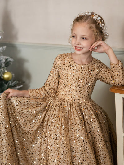 Crew Neck Velvet Sequins Long Sleeves Flower Girl Dresses