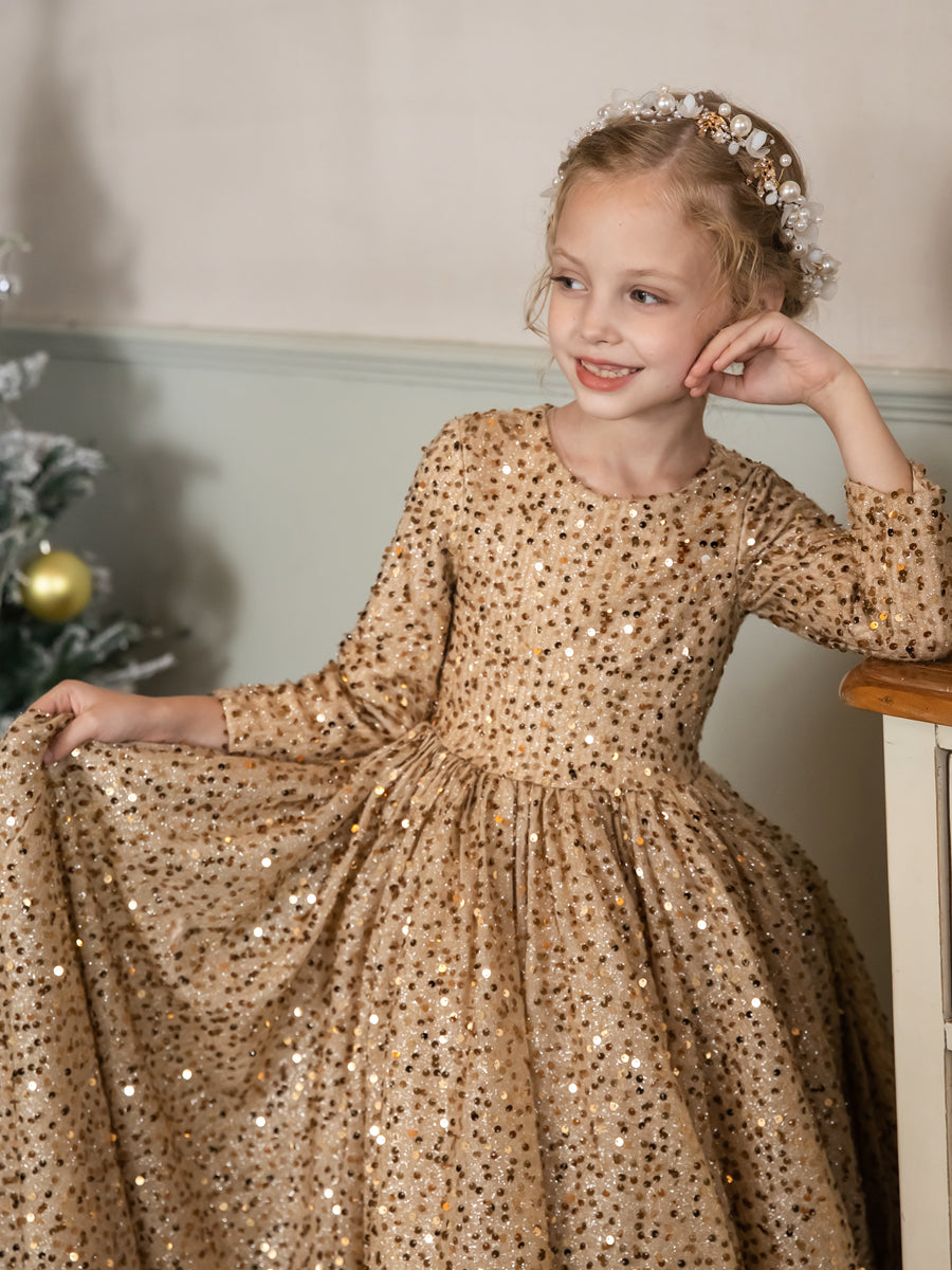 Crew Neck Velvet Sequins Long Sleeves Flower Girl Dresses