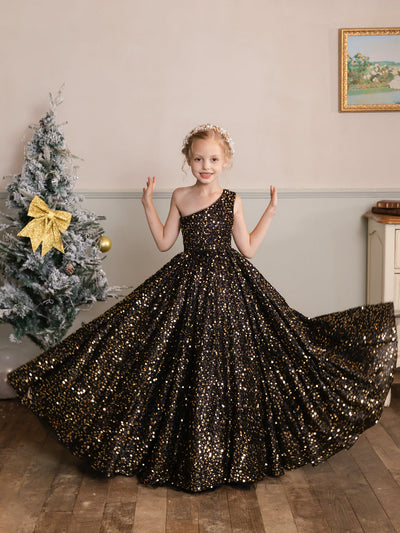 One-Shoulder Velvet Sequins Sleeveless Flower Girl Dresses