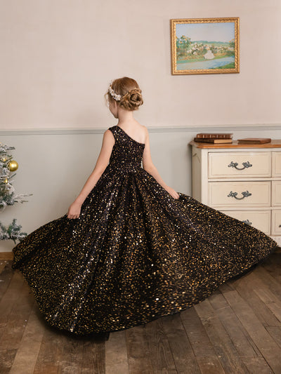 One-Shoulder Velvet Sequins Sleeveless Flower Girl Dresses