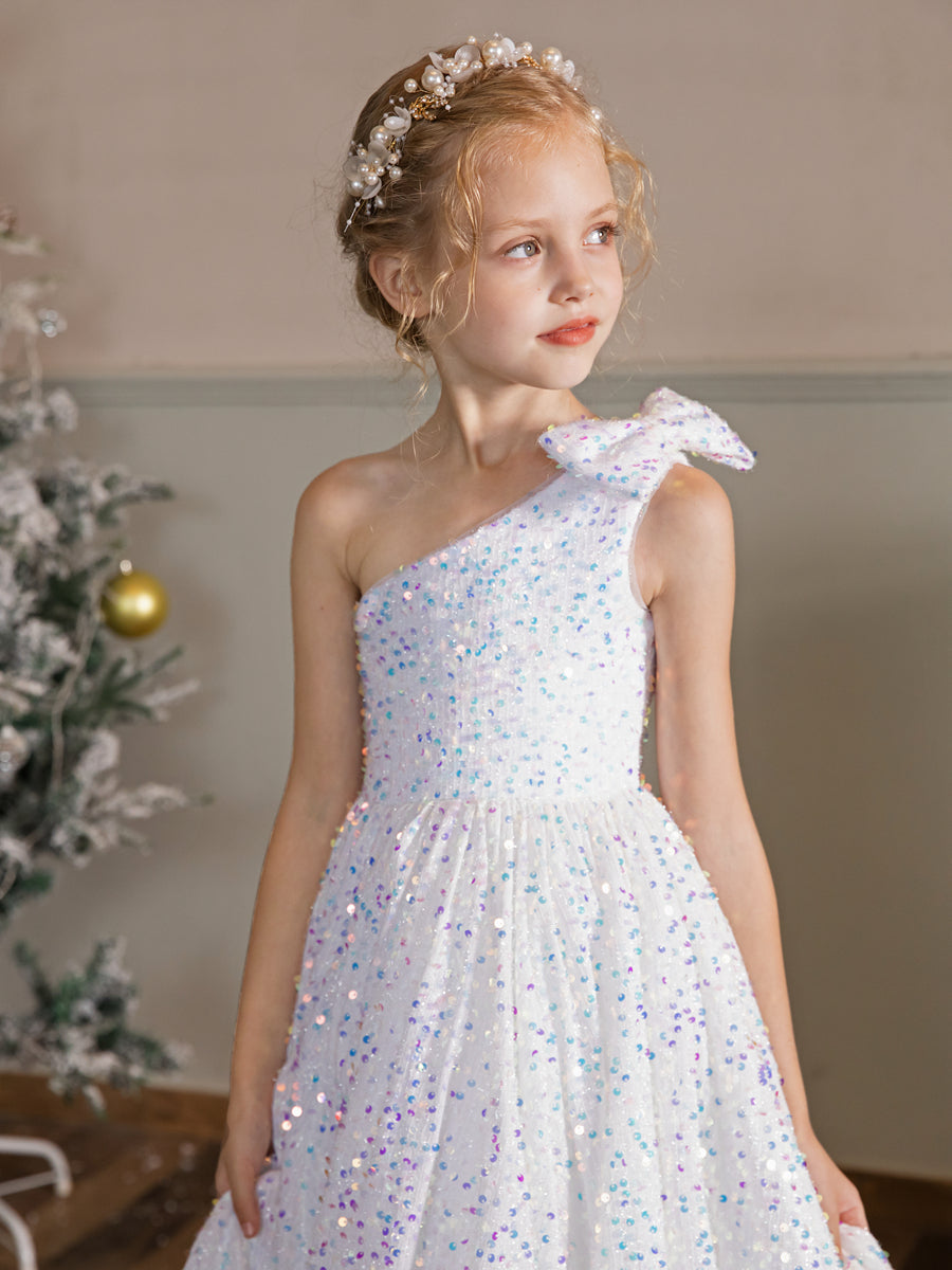 One-Shoulder Velvet Sequins Sleeveless Flower Girl Dresses with Bowknot