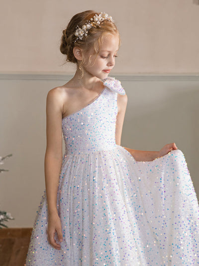 One-Shoulder Velvet Sequins Sleeveless Flower Girl Dresses with Bowknot