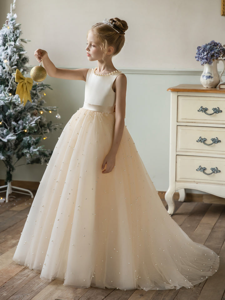 Crew Neck Tulle Flower Girl Dresses with Pearls &amp; Satin Bowknot