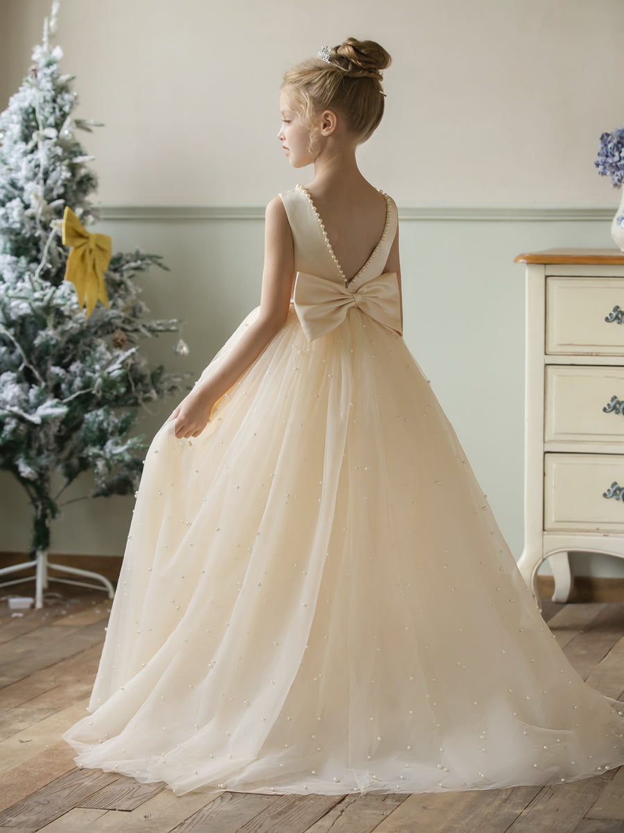 Crew Neck Tulle Flower Girl Dresses with Pearls &amp; Satin Bowknot