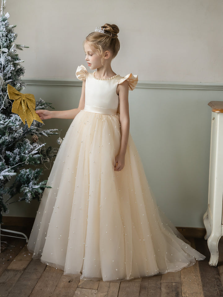 Crew Neck Tulle Flower Girl Dresses with Pearls &amp; Satin Bowknot