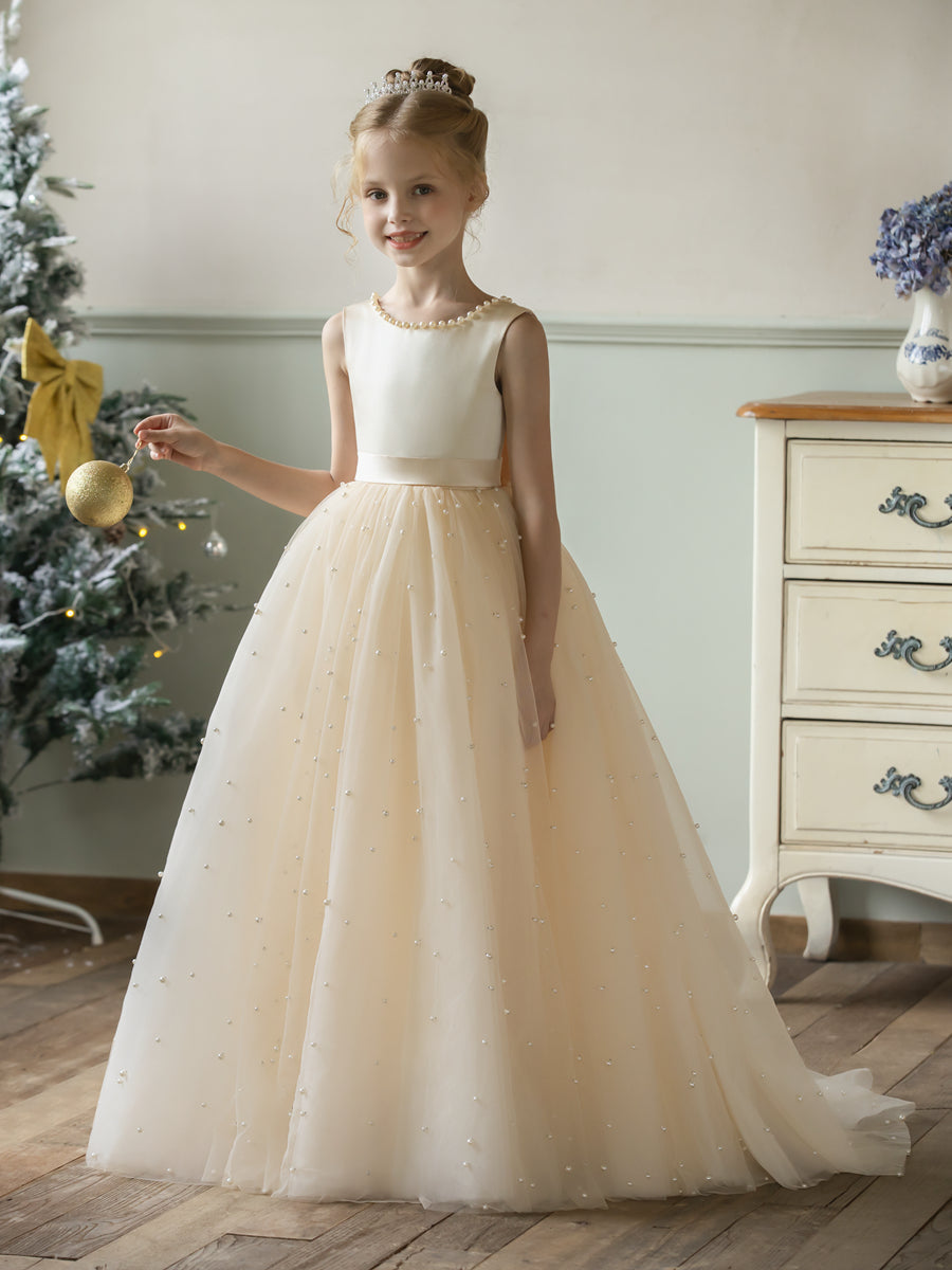 Crew Neck Tulle Flower Girl Dresses with Pearls &amp; Satin Bowknot