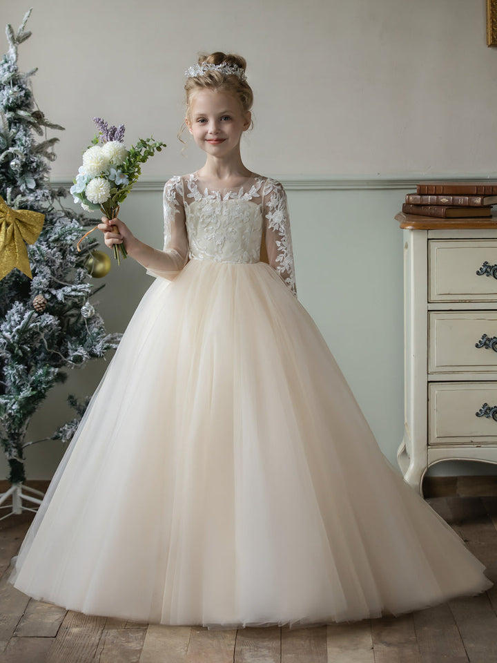 Crew Neck Tulle Flower Girl Dresses with Applique &amp; Satin Bowknot