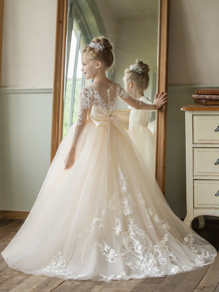 Crew Neck Tulle Flower Girl Dresses with Applique &amp; Satin Bowknot