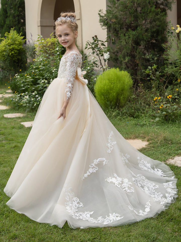 Crew Neck Tulle Flower Girl Dresses with Applique &amp; Satin Bowknot
