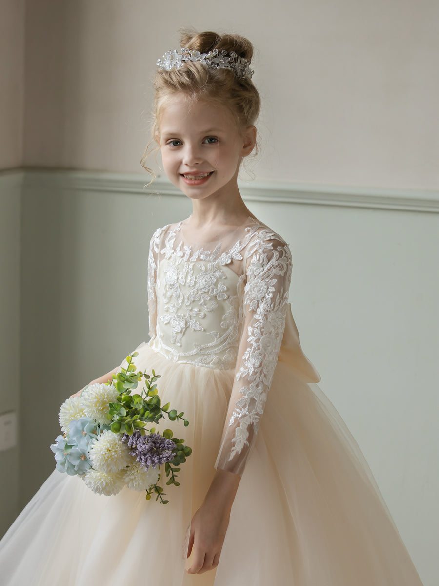 Crew Neck Tulle Flower Girl Dresses with Applique &amp; Satin Bowknot