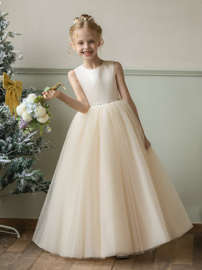 Crew Neck Tulle Flower Girl Dresses with Rhinestones & Bowknot