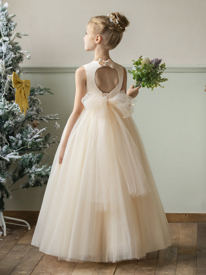 Crew Neck Tulle Flower Girl Dresses with Rhinestones &amp; Bowknot