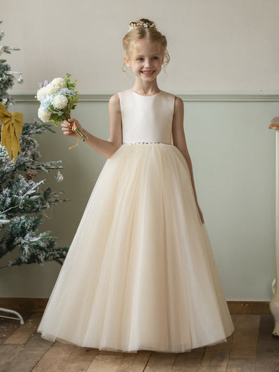 Crew Neck Tulle Flower Girl Dresses with Rhinestones & Bowknot