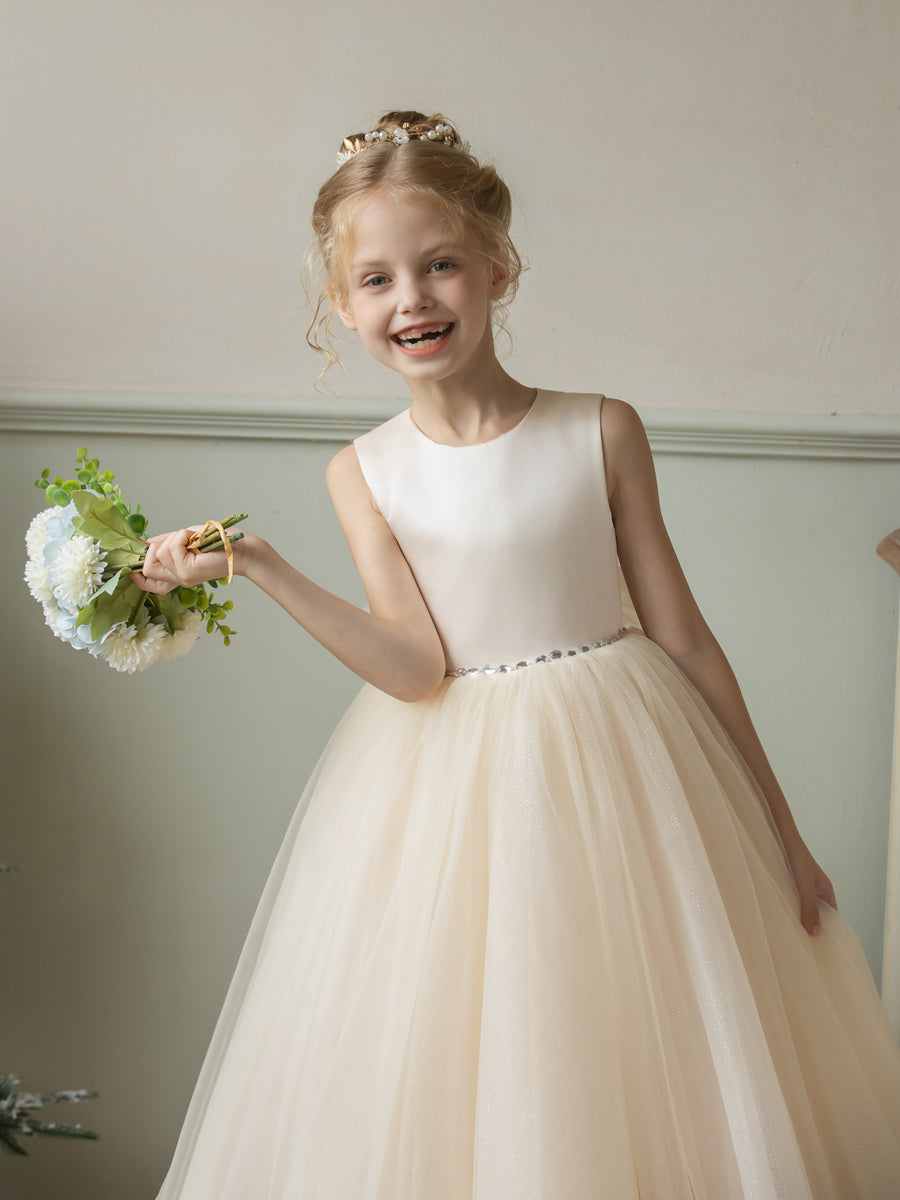 Crew Neck Tulle Flower Girl Dresses with Rhinestones &amp; Bowknot