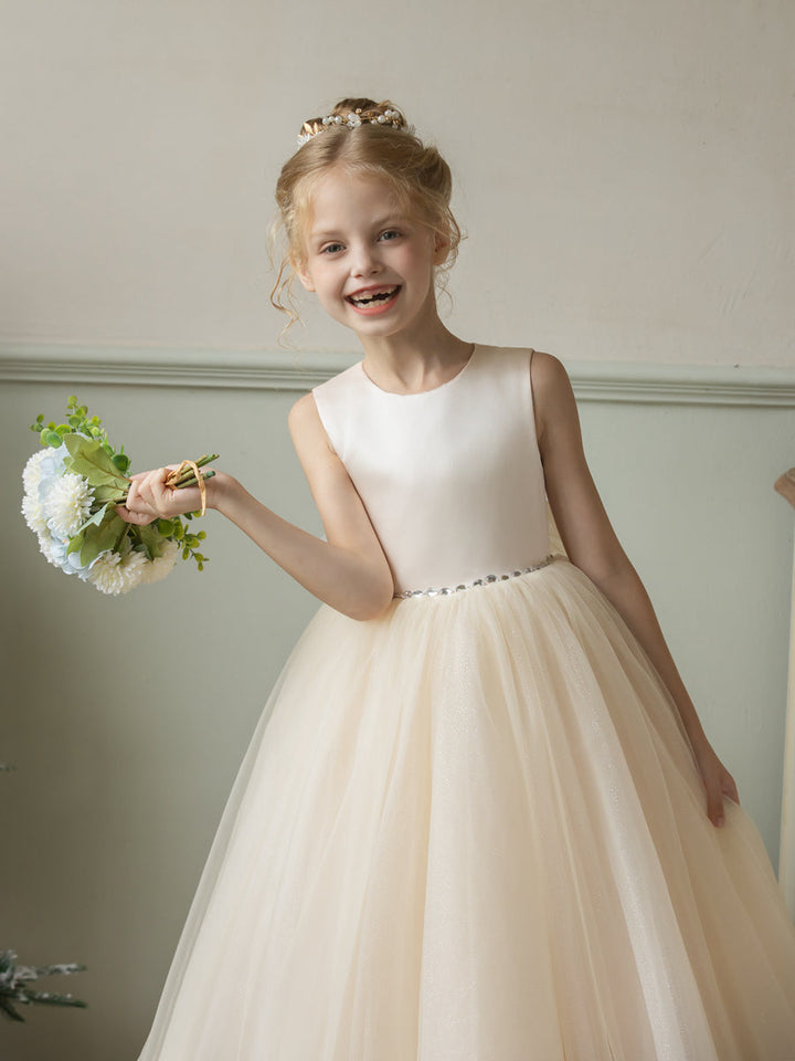 Crew Neck Tulle Flower Girl Dresses with Rhinestones &amp; Bowknot