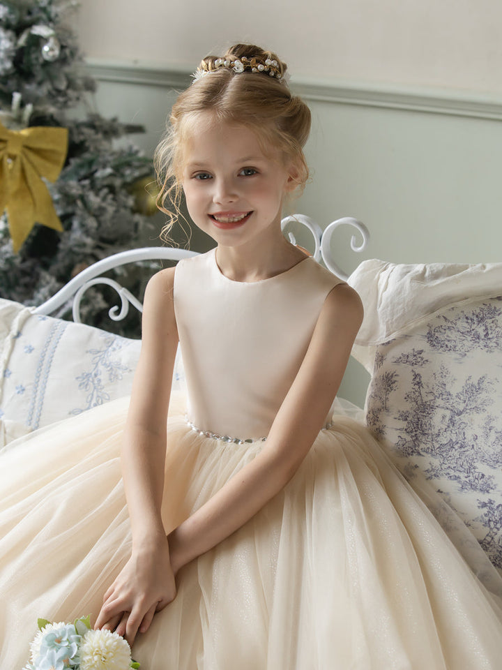 Crew Neck Tulle Flower Girl Dresses with Rhinestones &amp; Bowknot
