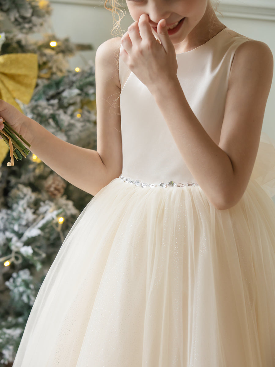 Crew Neck Tulle Flower Girl Dresses with Rhinestones &amp; Bowknot