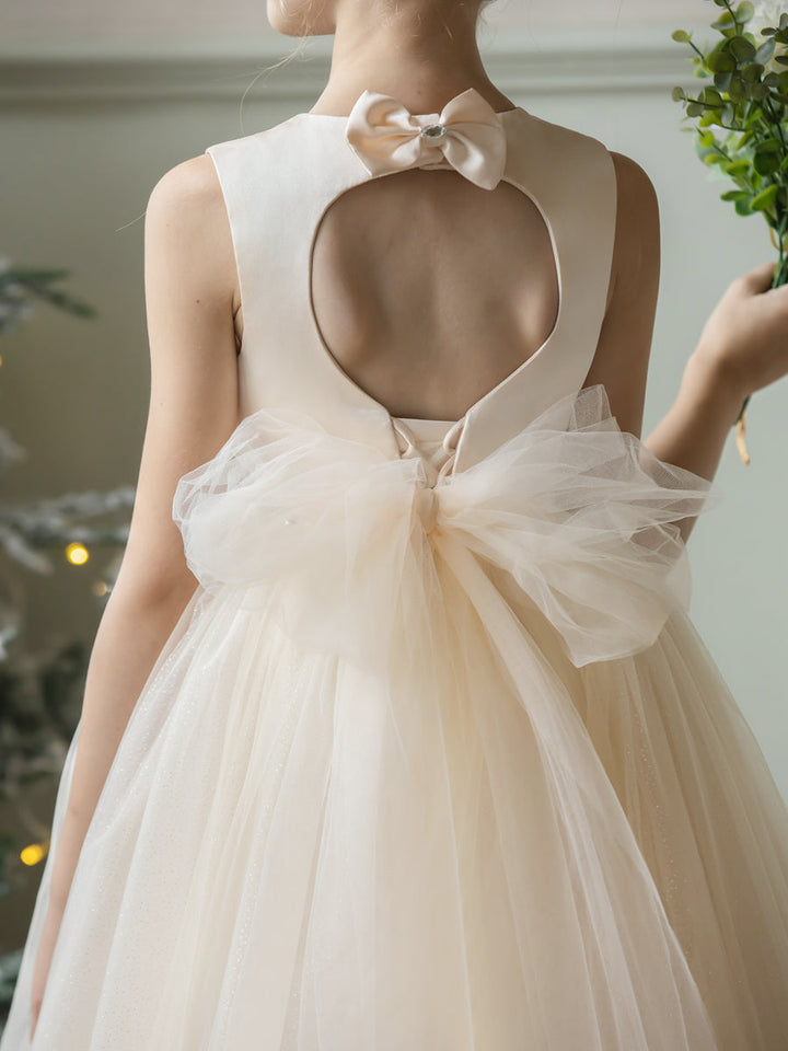 Crew Neck Tulle Flower Girl Dresses with Rhinestones &amp; Bowknot