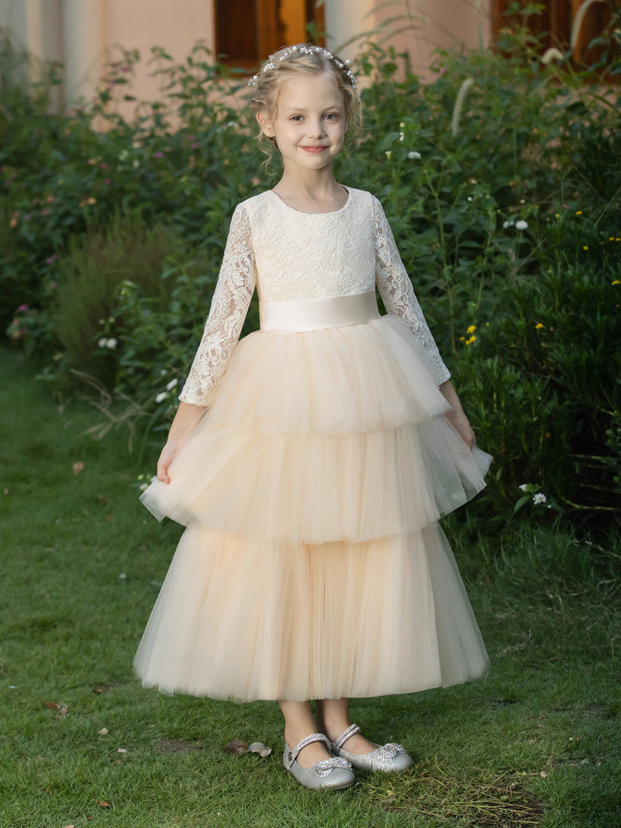 Crew Neck Tulle Flower Girl Dresses with Applique &amp; Tiered Pleats