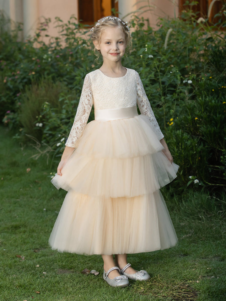 Crew Neck Tulle Flower Girl Dresses with Applique &amp; Tiered Pleats