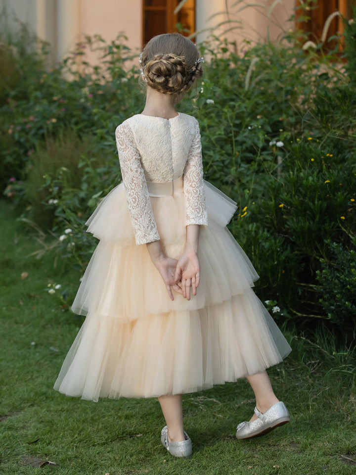 Crew Neck Tulle Flower Girl Dresses with Applique &amp; Tiered Pleats