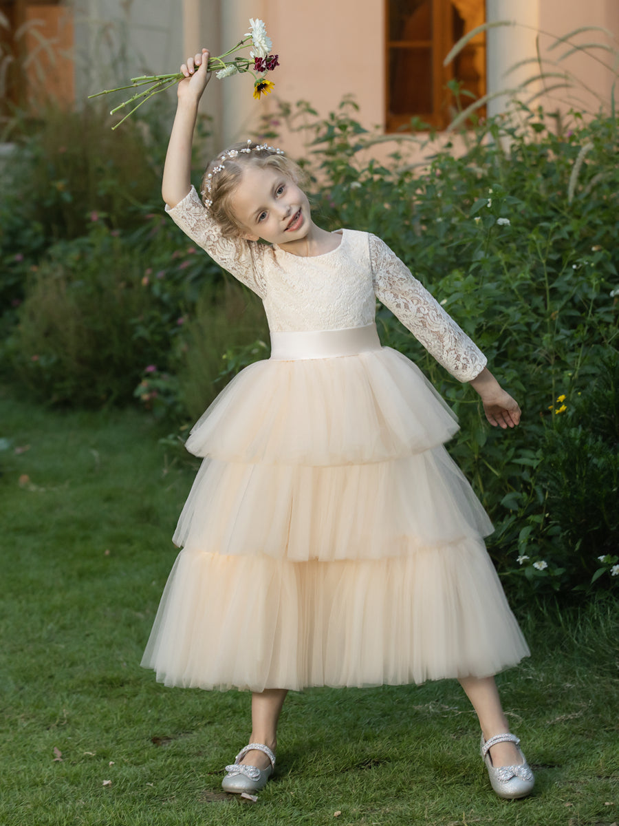 Crew Neck Tulle Flower Girl Dresses with Applique &amp; Tiered Pleats