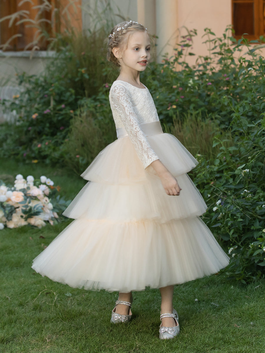 Crew Neck Tulle Flower Girl Dresses with Applique &amp; Tiered Pleats