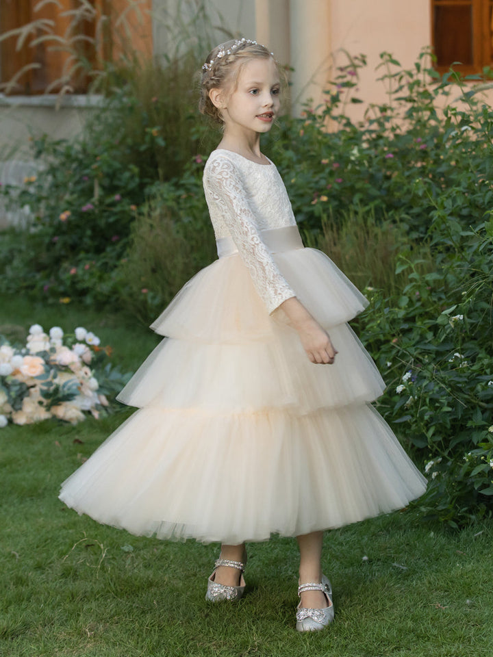 Crew Neck Tulle Flower Girl Dresses with Applique &amp; Tiered Pleats