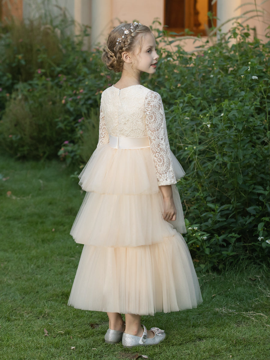Crew Neck Tulle Flower Girl Dresses with Applique &amp; Tiered Pleats