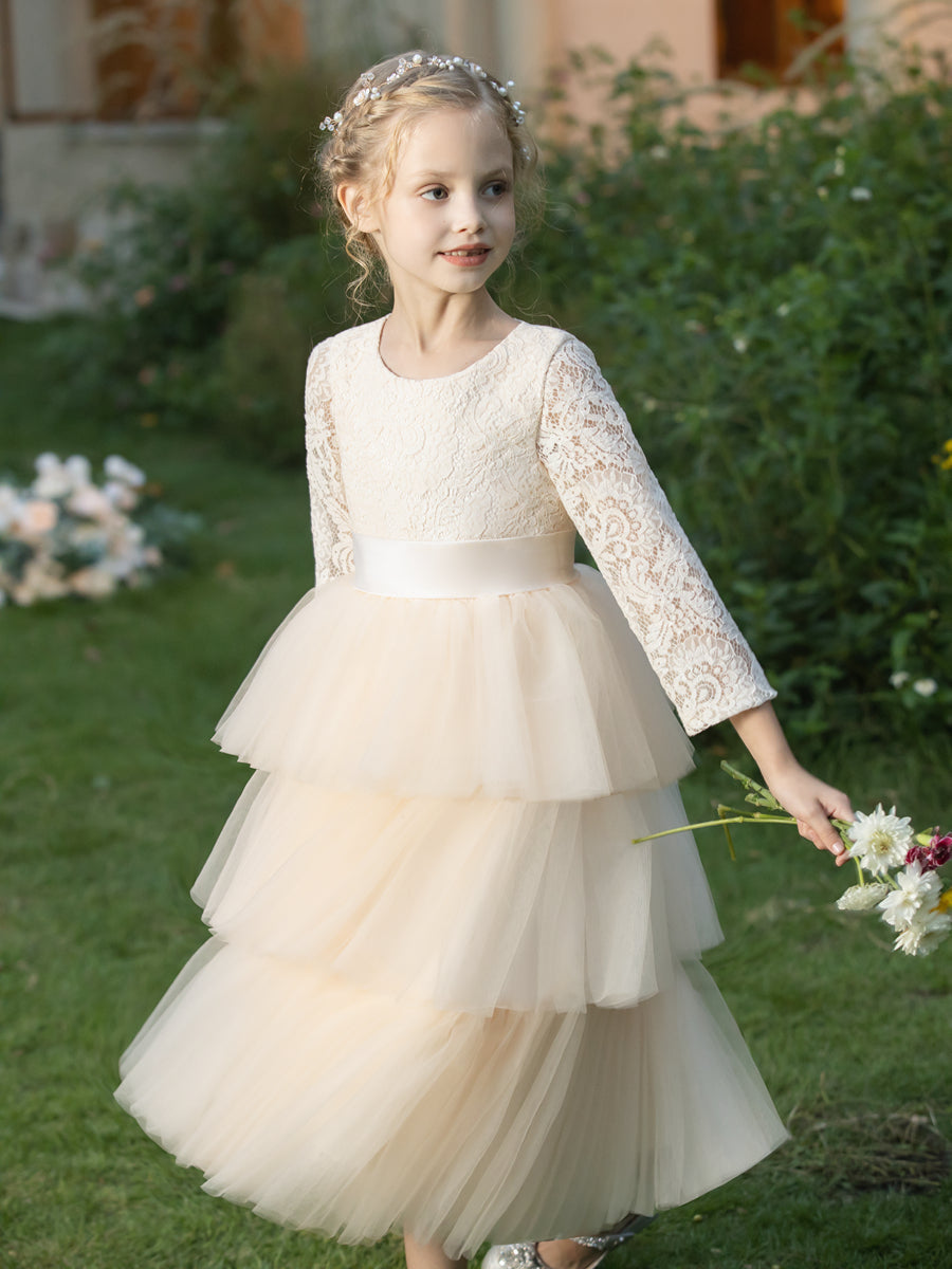 Crew Neck Tulle Flower Girl Dresses with Applique &amp; Tiered Pleats