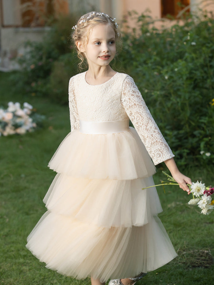 Crew Neck Tulle Flower Girl Dresses with Applique &amp; Tiered Pleats