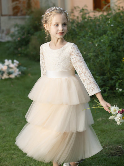Crew Neck Tulle Flower Girl Dresses with Applique & Tiered Pleats