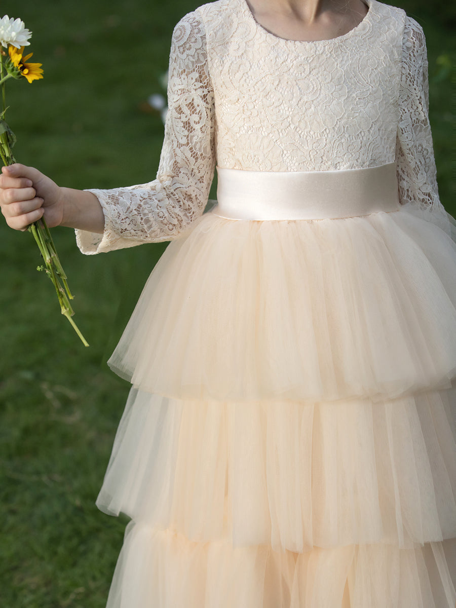 Crew Neck Tulle Flower Girl Dresses with Applique &amp; Tiered Pleats